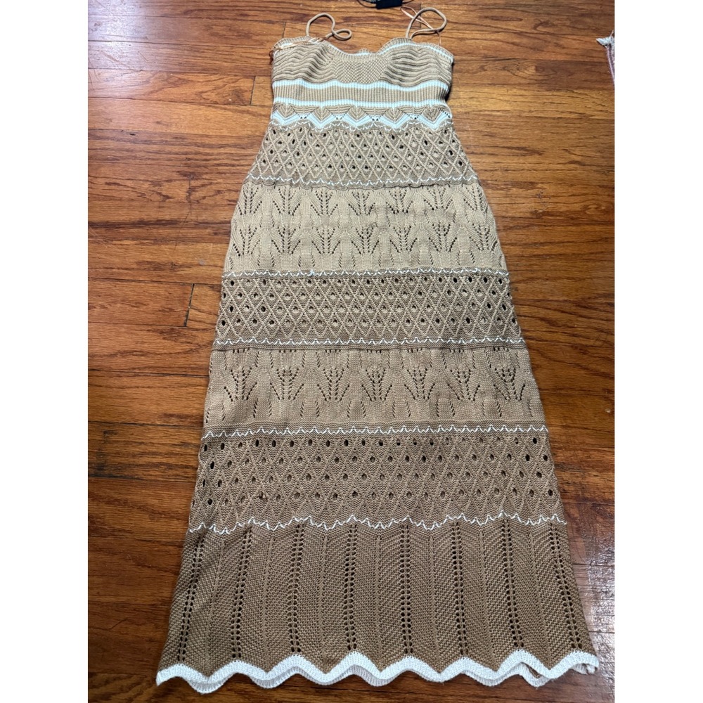 No Comment Tan White Pointelle Knit Maxi Dress XL Crochet Scallop Hem Sleeveless